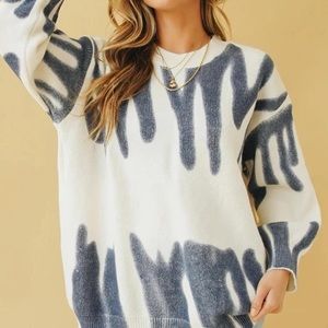 Women Knitted Sweater Vintage Blue Striped Print Sweater Oversized Pullovers